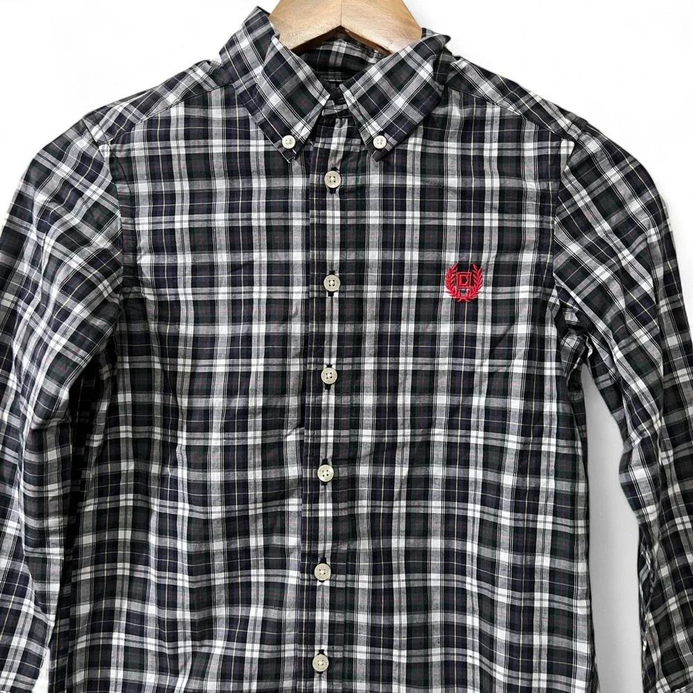 Chaps Kids Button Down Shirt Boys Small 8 Navy Blue‎ Plaid Long Sleeve Preppy